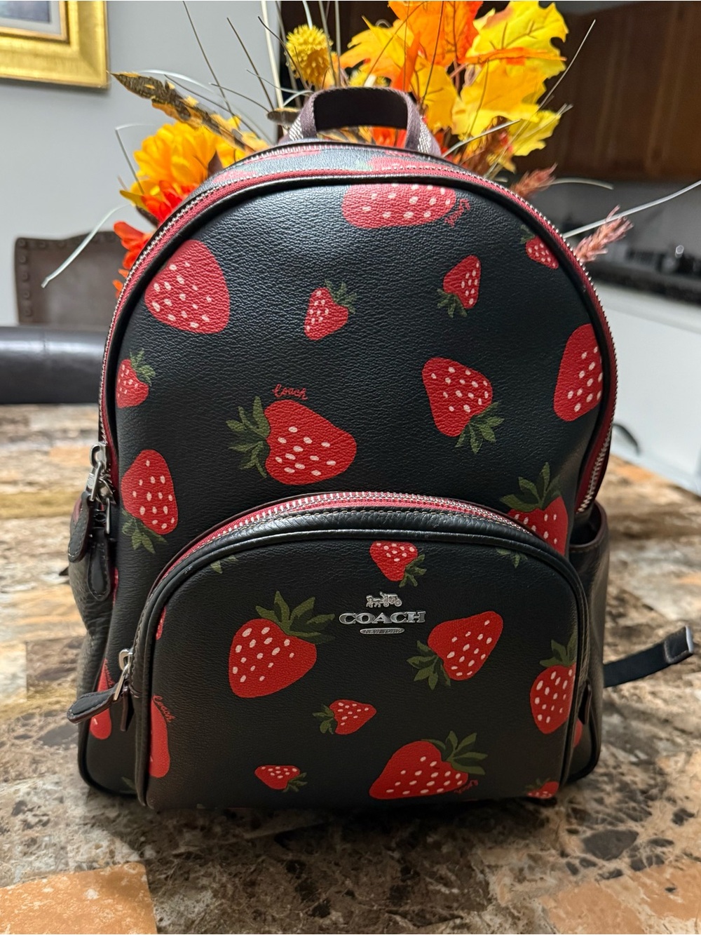 Coach Black Backpack with Red Strawberry Print